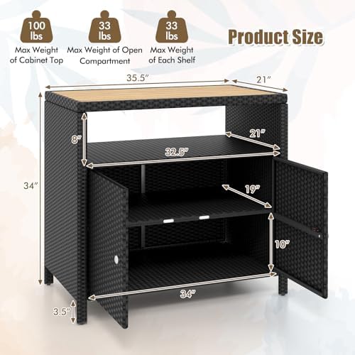Rattan Storage Cabinet, Outdoor & Indoor Sideboards with Acacia Wood Coun...