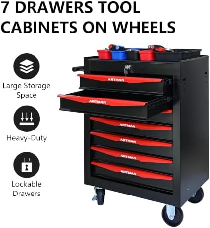 Heavy Duty 7-Drawer Rolling Tool Chest, Key Lock Tool Storage Cabinet with Lo...