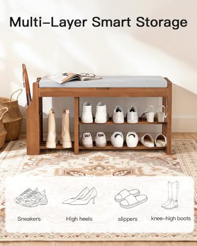 Pipishell 34" Pine Wood Shoe Bench Entryway with Soft Cushion and Storage