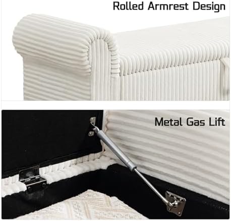 55" Entryway Bench with Storage for Queen Bed, White corduroy Ottoman