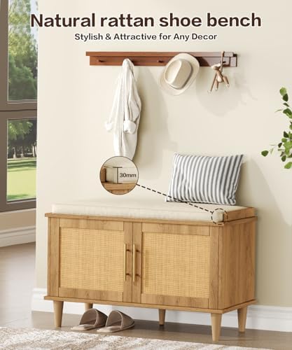 Akxomel 31.5" Rattan Shoe Storage Bench 2 Doors Wooden Entryway Bench Oak