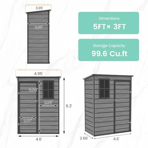 UDPATIO Outdoor Storage Shed 5x3 FT, Resin Garden Shed with Floor,Dark Grey