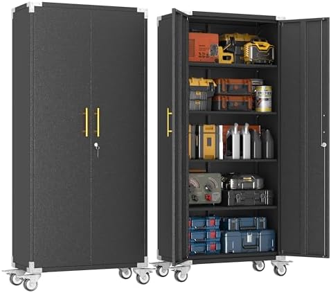 pozdeg 71" Black Tall Lockable Rolling Metal Garage Storage Cabinet ﻿