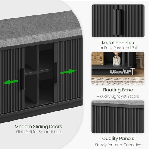 CHOEZON 39.4" Fluted Shoe Storage Bench with Cushion and Sliding Door