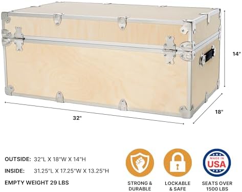 Rhino Naked Large Trunk, Camp Footlocker, Wood Storage Chest with Wheels