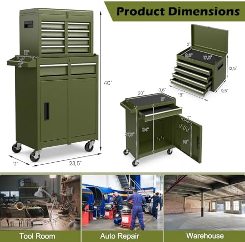 IRONMAX 2-in-1 Detachable Rolling Metal Tool Chest, 5 Drawers, Olive Green