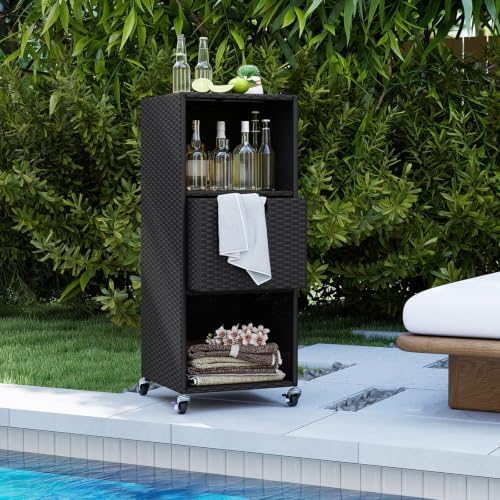 Tangkula Rattan Outdoor Storage Cabinet with 4 Wheels, Black
