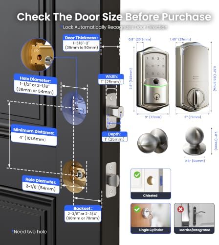 Veise VE027-K WiFi Smart Deadbolt Locks with 2 Knobs Set, Satin Nickel