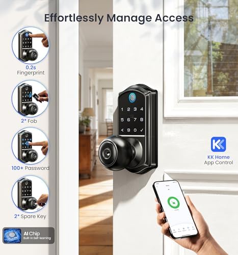 Veise VE018 Fingerprint Keypad Smart Door Knob Handle Lock, Matte Black