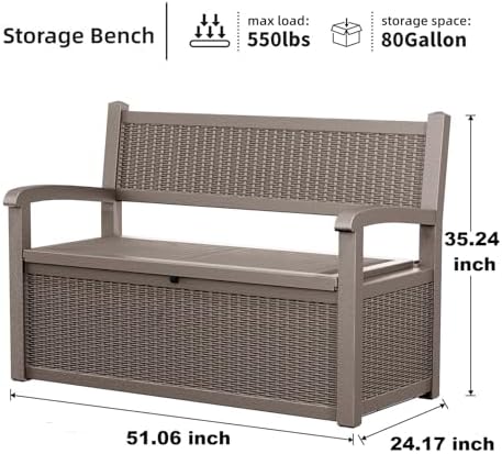PatioZen 80 Gallon Outdoor Storage Bench Deck Box, Grey
