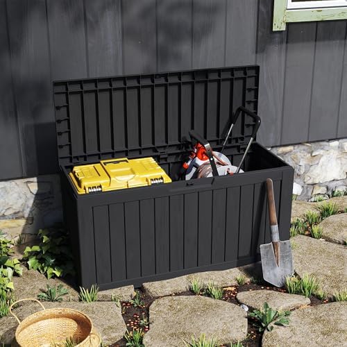 Outdoor Storage Box Waterproof with Wheels, 76 Gallon Lockable Resin Deck Box...