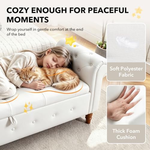 NIOIIKIT 63'' Storage Ottoman Bench, Tufted Entryway Bench White Poly...