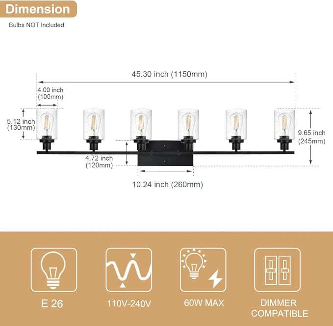 WINSHEN 6-Light Seeded Glass Vanity Light Fixtures in Matte Black Finish
