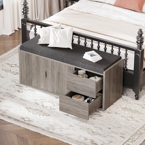 LVB 2-Tier Storage Bench with Padded Cushion, Entryway Bench with 2 Drawers