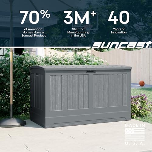 Suncast XL Deck Box, 200 Gal, All Weather, Pad-Lockable Lid, Dove Gray