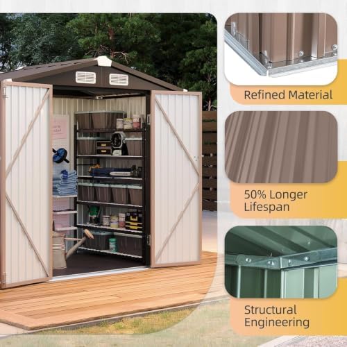 Aoxun 6x4FT Shed with Floor Galvanized Steel Outdoor Storage Shed (Brown)