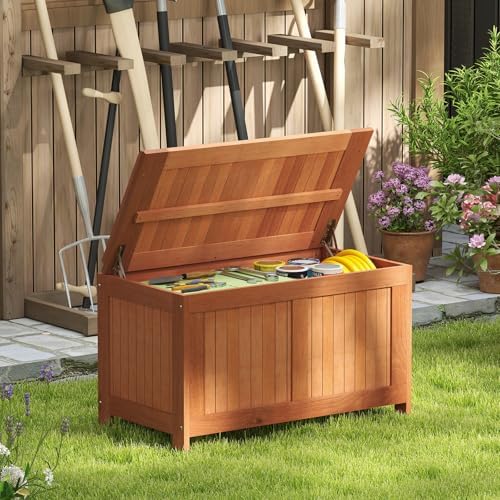 HAPPYGRILL Outdoor Wood Deck Box with Flip Top, Patio Storage Bench for Garde...