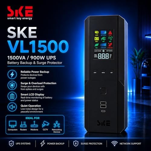 SKE 1500VA/900W Small UPS Battery Backup & Surge Protector