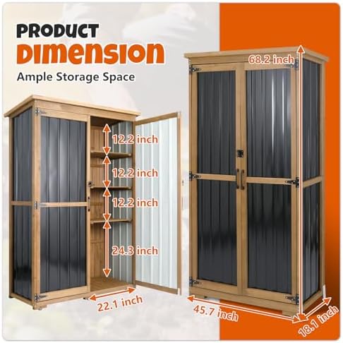 Outdoor Storage Cabinet with Shelves, Wood & Metal Storage Shed with Weat...