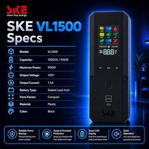 SKE 1500VA/900W Small UPS Battery Backup & Surge Protector