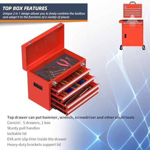 5-Drawer High Capacity Rolling Tool Chest, Removable Cabinet Storage Tool Box...