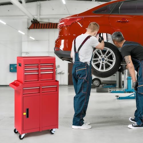 Winado 4-Drawer Rolling Tool Chest, 2-in-1 Large Storage Toolbox, Red