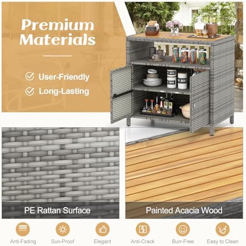 Rattan Storage Cabinet, Outdoor & Indoor Sideboards with Acacia Wood Coun...