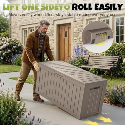 DRATO 155 Gallon Deck Box Waterproof Outdoor Storage Box with Wheels, Grey
