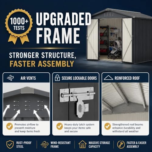 8x8 FT Outdoor Metal Storage Shed with Lockable Doors and Upgraded Frame,Gard...