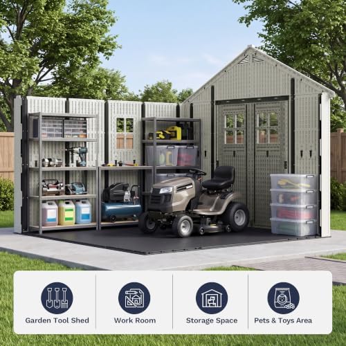 Greesum 10x10FT Resin Outdoor Storage Shed with Three-Sided Doors, Beige