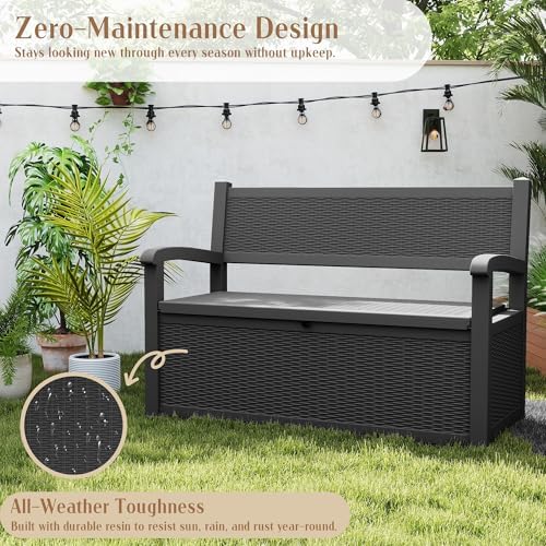 ROJIK 80 Gallon Storage Bench Deck Box Outdoor with Armrests, Resin Storage F...