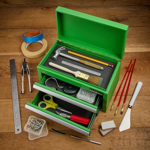 Mini Tool Box - Metal Tool Chest with 2 Drawers & PVC Drawer Liners - Green