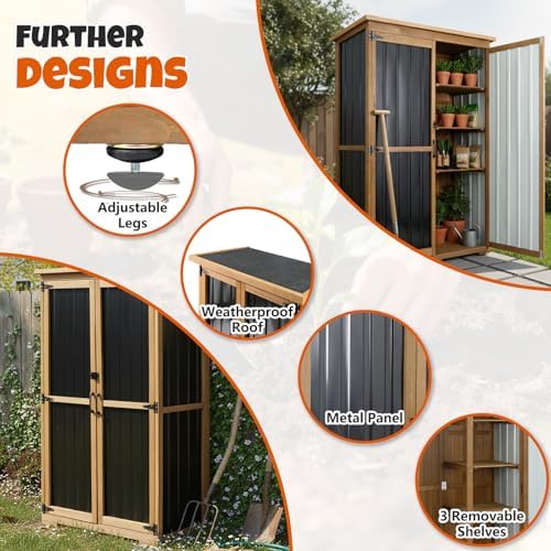 Outdoor Storage Cabinet with Shelves, Wood & Metal Storage Shed with Weat...