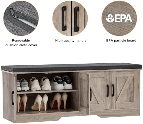 HOMSHO Farmhouse Shoe Storage Bench with 4 Barn Doors & Padded Seat Cushion