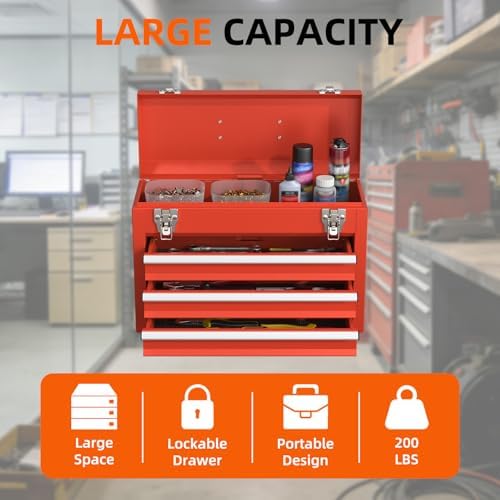 Portable Metal Tool Box – 3 Drawers Lockable Mini Toolbox, Heavy-Duty Tool Ch...