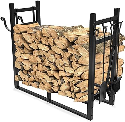 HECASA 33 Inch Firewood Rack w/Kindling Holder Include Shovel Poker Tongs Bru...