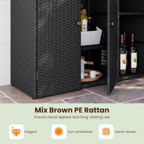 Tangkula Rattan Outdoor Storage Cabinet with 2 Adjustable Shelves