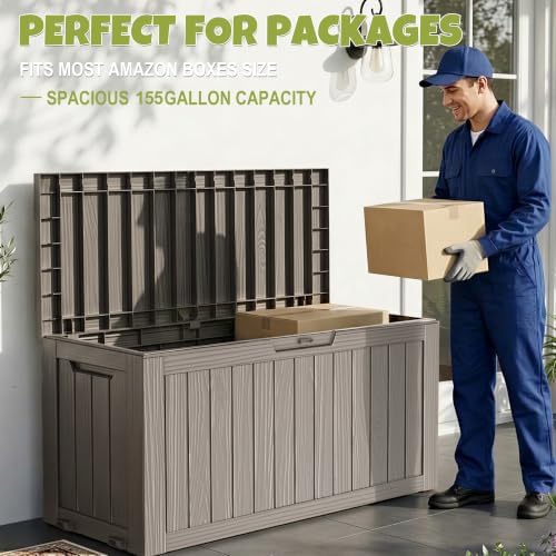 DRATO 155 Gallon Deck Box Waterproof Outdoor Storage Box with Wheels, Grey