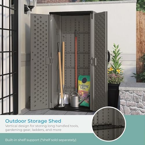 Suncast 22 Cu Ft, Vertical Storage Shed, Pad-Lockable Double Doors, Stoney