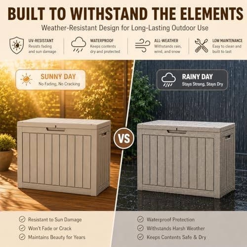Outdoor Storage Box Resin Deck Box Waterproof Gray Brown 51 Gallon