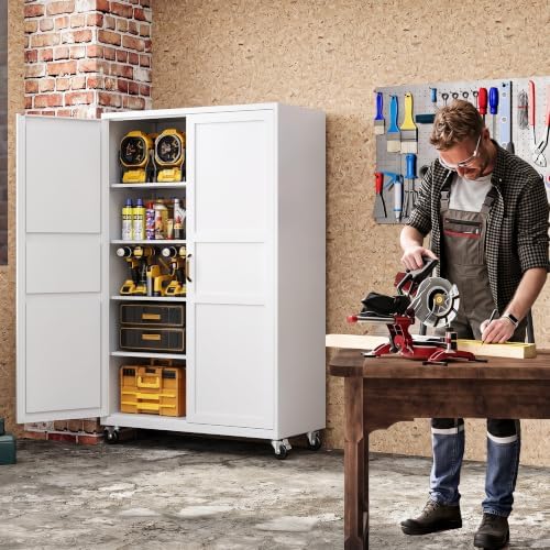 Metal Garage Storage Cabinet with Wheels, Wide & Deep Storage Cabinet wit...