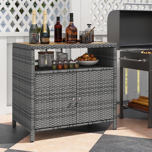 Rattan Storage Cabinet, Outdoor & Indoor Sideboards with Acacia Wood Coun...