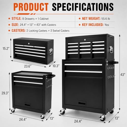 Rolling Tool Chest - 8 Drawers Tool Box Organizer with Lockable Wheels, Slidi...