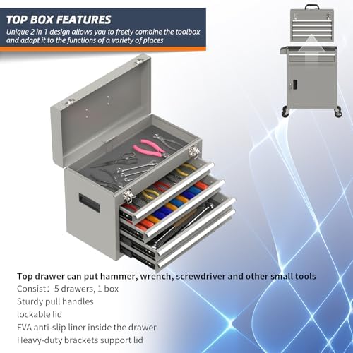 5-Drawer High Capacity Rolling Tool Box, Removable Cabinet Storage Tool Chest...