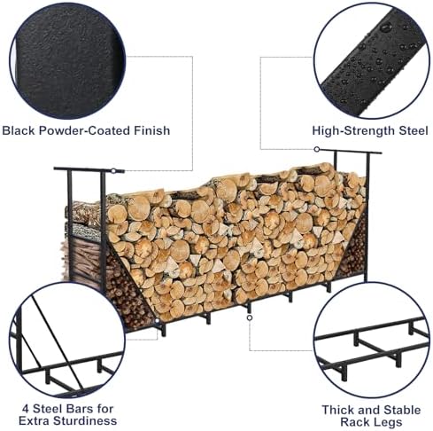 HONEST OUTFITTERS 8ft Firewood Rack Outdoor, Adjustable Heavy Duty Firewood H...