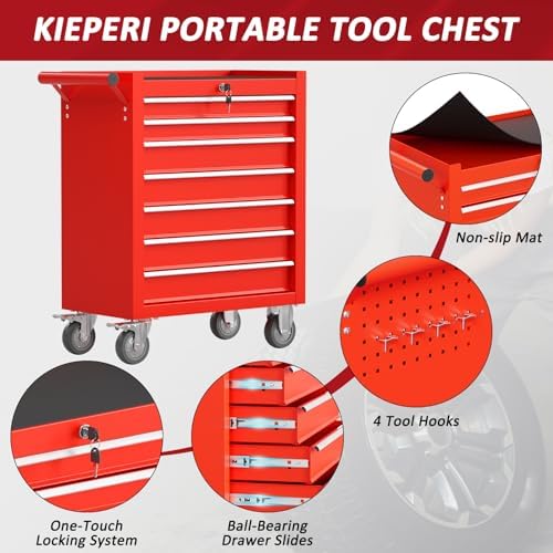 7 Drawers Rolling Tool Chest with Wheels, Portable Rolling Tool Boxes with Wh...