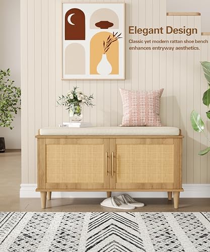 Akxomel 39.4" Rattan Shoe Storage Bench 2 Doors Wooden Entryway Bench Oak
