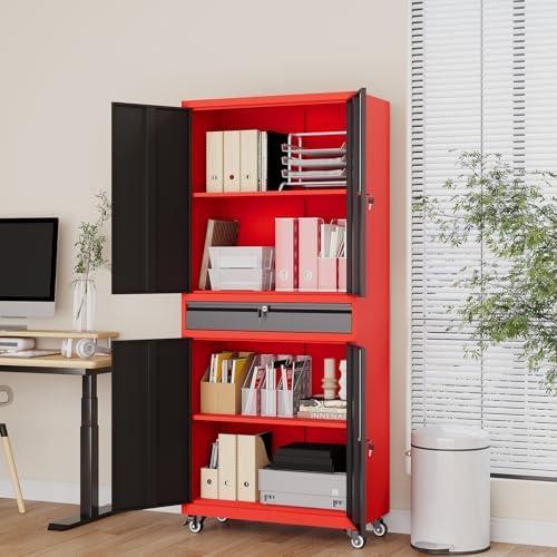 Metal Garage Storage Cabinet with Wheels, Rolling Garage Cabinet with Locking...