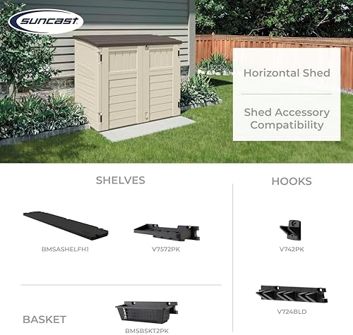 Suncast 34 Cu Ft Capacity Horizontal Outdoor Storage Shed for Garbage Cans, G...