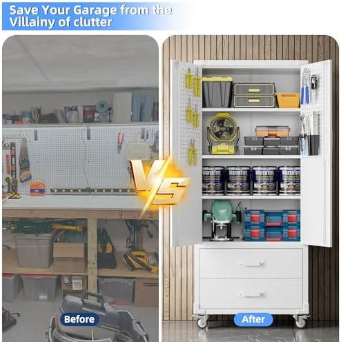 Metal Garage Storage Cabinet with Wheels, 2 Drawers and Pegboard, White